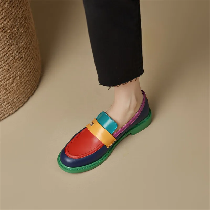 NEW Spring Women Shoes Fashion Rainbow Shoes Women Loafers Round Toe Chunky Shoes for Women Versatile Women Pumps Zapatos Mujer