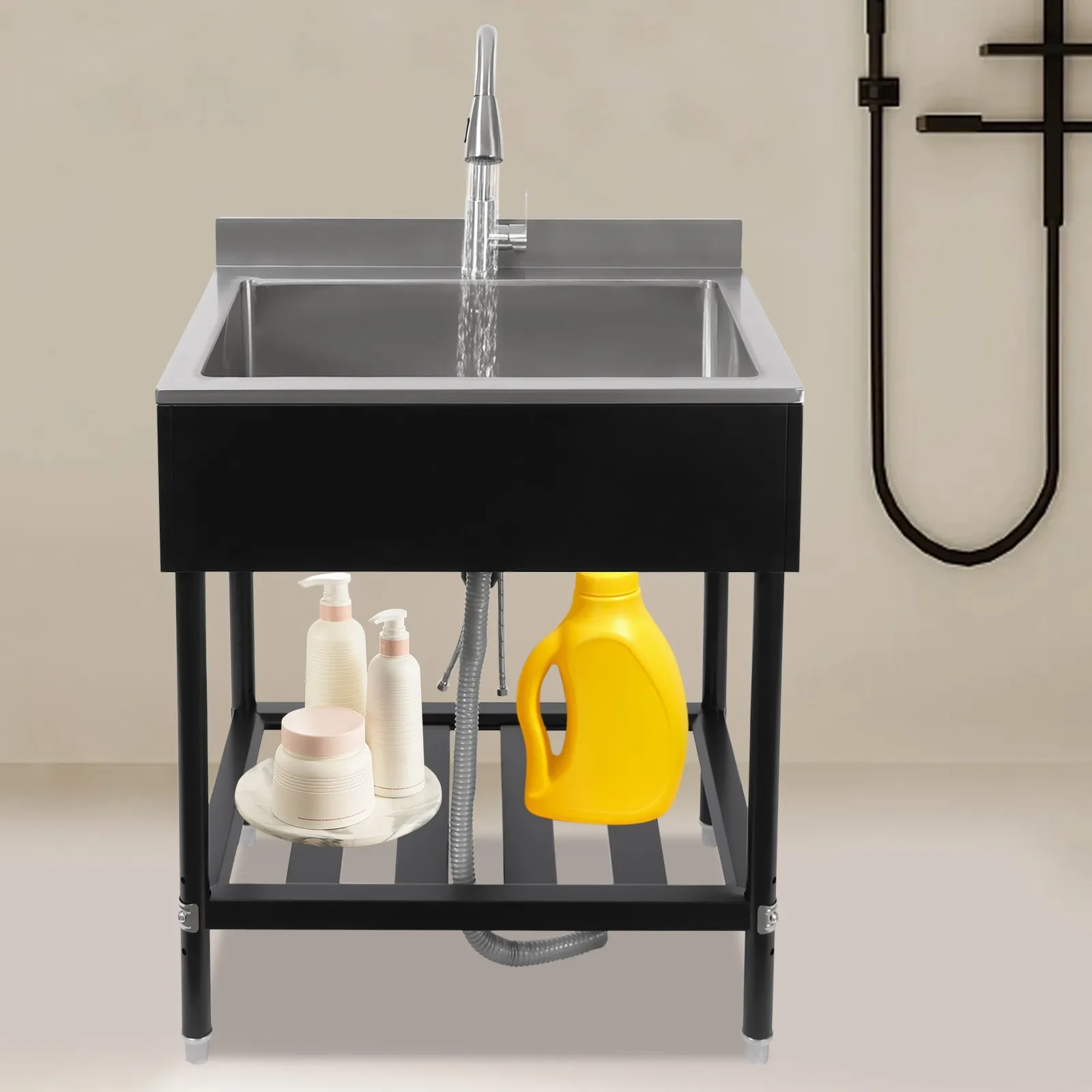 

Free Standing 304 Stainless Steel Sink, Single Bowl with Pull-Out Faucet 110LBS Shelf, for Kitchen/Bathroom/Farmhouse