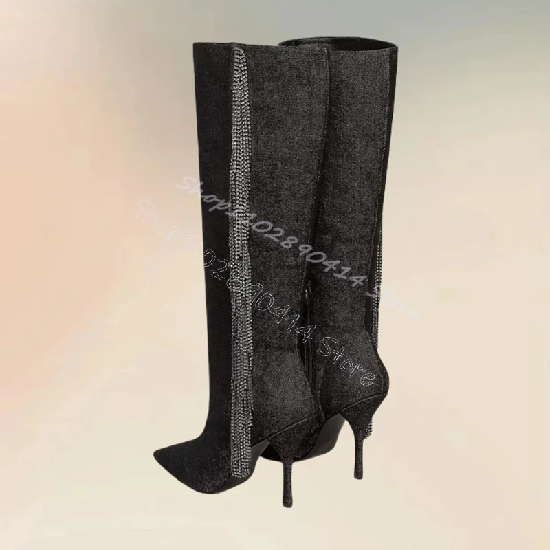 كريستال شرابات ديكور أسود أشار تو الأحذية الجانب سستة النساء أحذية رقيقة عالية الكعب رواية حفلة عيد 2024 Zapatos Para Mujere