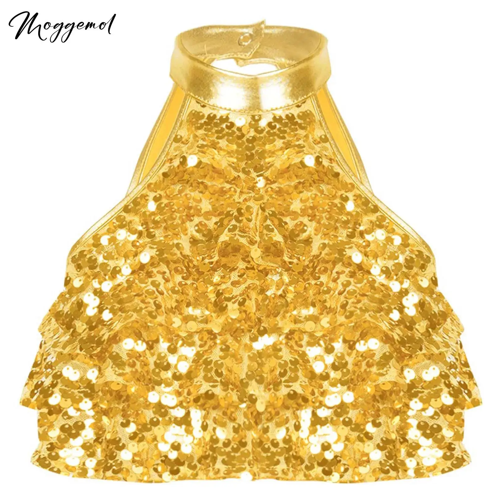 Kids Girls Shiny Sequins Crop Tops Sleeveless Mock Neck Tiered Vest Top Latin Jazz Dance Competition Stage Performance Costumes