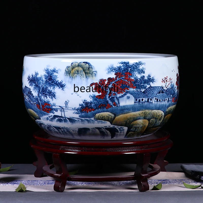 Hand Painted Landscape Ceramic Fish Tank Chinese Style Living Room and Hotel Company Feng Shui Tank Lotus Flowerpot