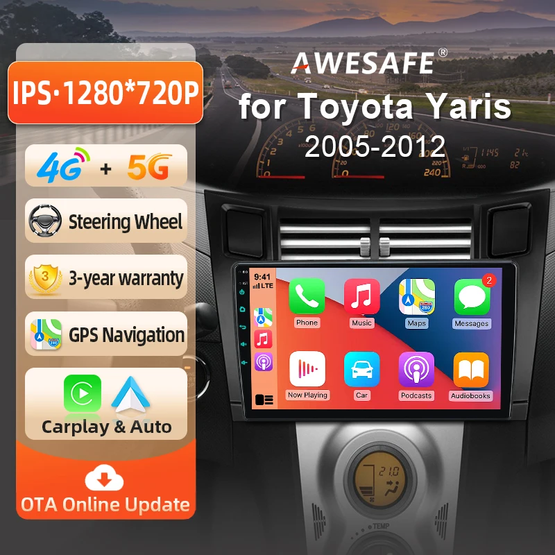 Autoradio Android AWESAFE 9 pouces pour Toyota Yaris XP90 2005-2012, CarPlay et Android Auto sans fil, navigation GPS, support multimédia, commande au volant, amplificateur de subwoofer, caméra arrière, prise EU, Plug and Play, DAB+, autoradio numérique 2 DIN, stéréo RDS DSP FM BT