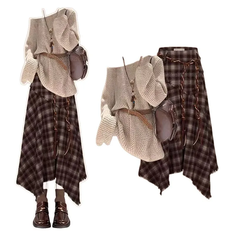 Autumn Retro Set Women's Off Shoulder Aging Knitted Shirt Paired with High Waist Checkered Skirt Two Piece Setbaddie 2 Piece Set