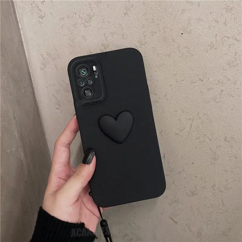 Note10s Cute 3D Love Heart Silicone Case On For Xiaomi Redmi Note 10 Pro 4g 10s 10pro 11 11s Lanyard Wrist Strap Cover Poco M5s