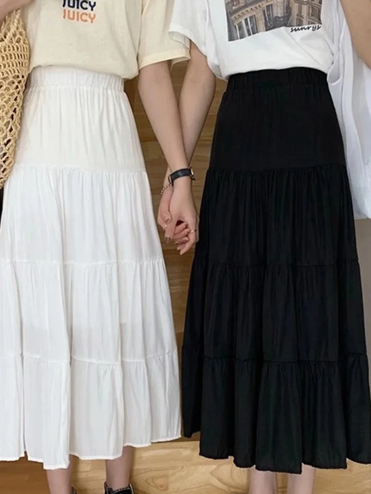 Spring Summer Women Chiffon Skirts Vintage High Waist Elastic Patchwork White Black Chic Long Cake A-line Skirt for Student