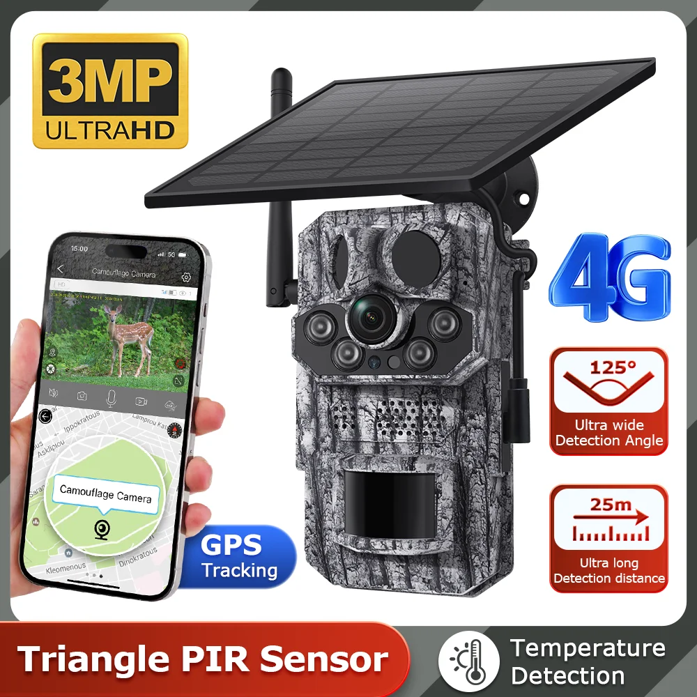 3MP 1296P 4G Solar Wide Angle Infrared Wildlife Hunting Camera With GPS Trail Outdoor Wild Animal  Photo Traps Detecting Cameras