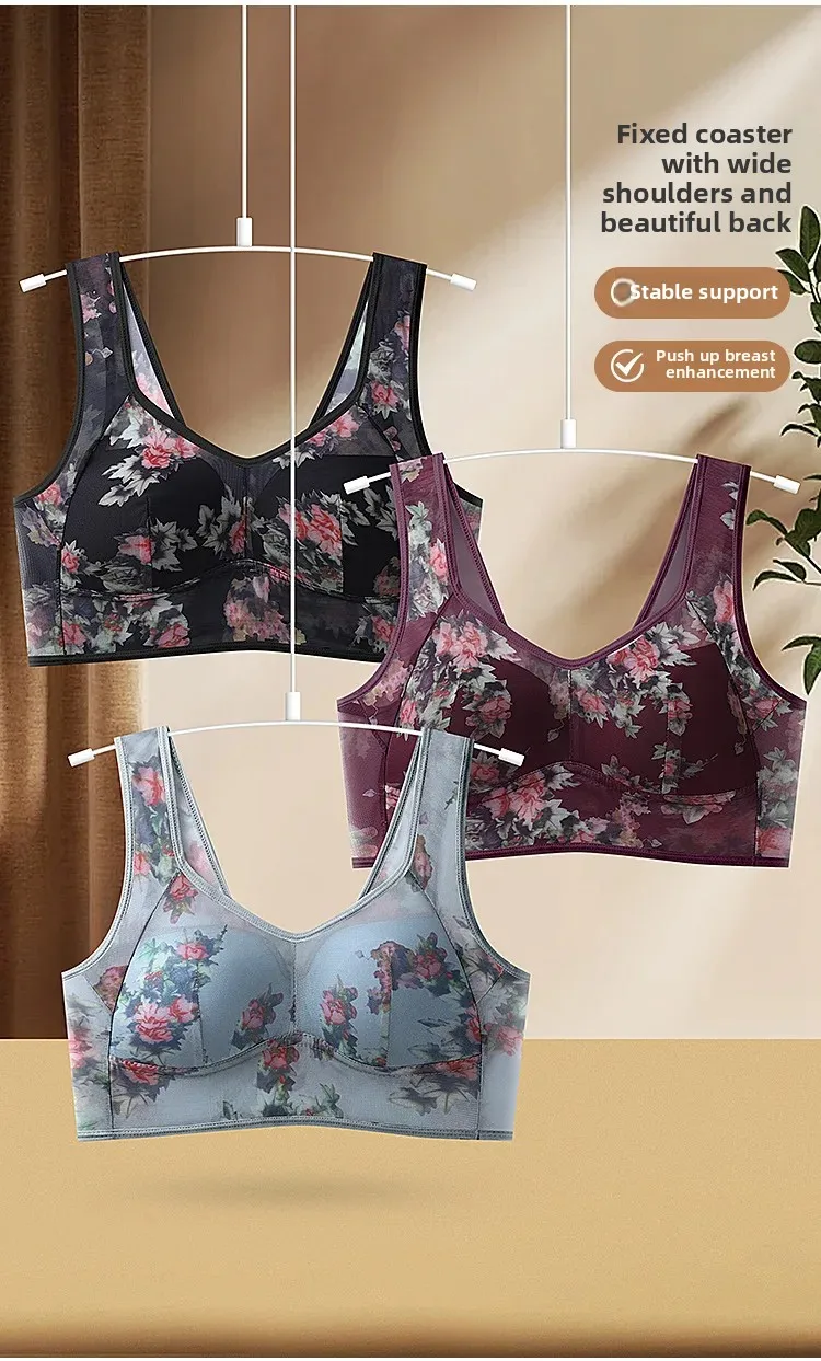 Sujetador de talla grande con copas fijas, inalámbrico, transpirable, fino, estilo chaleco de una pieza para personas de mediana edad y mayores.
