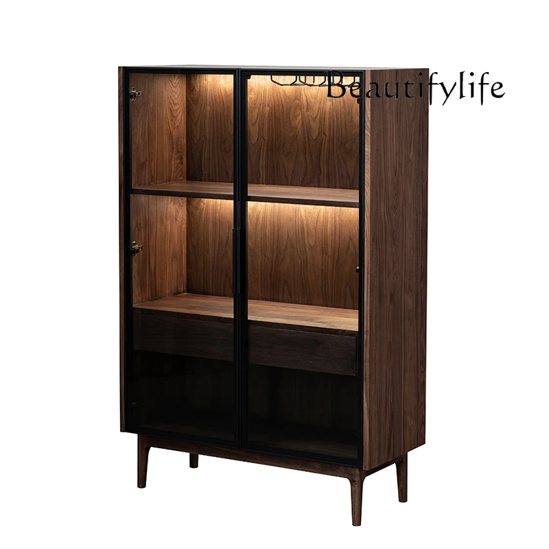 

North American black walnut solid wood wine cabinet household storage display living room wall glass log dining side cabinet