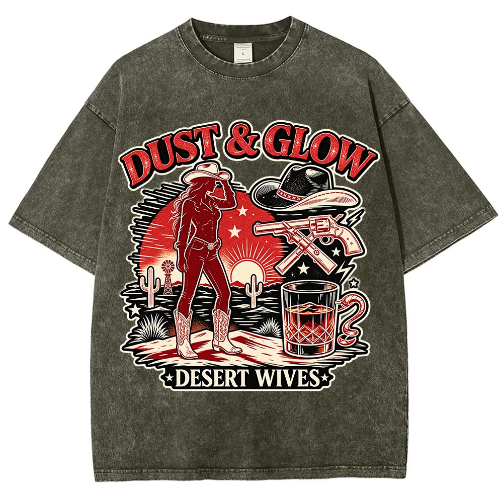 Vintage Western Cowboy Graphic T Shirt Men Oversized Washed Tee Short Sleeve Casual Streetwear Desert Vibes Top ﻿