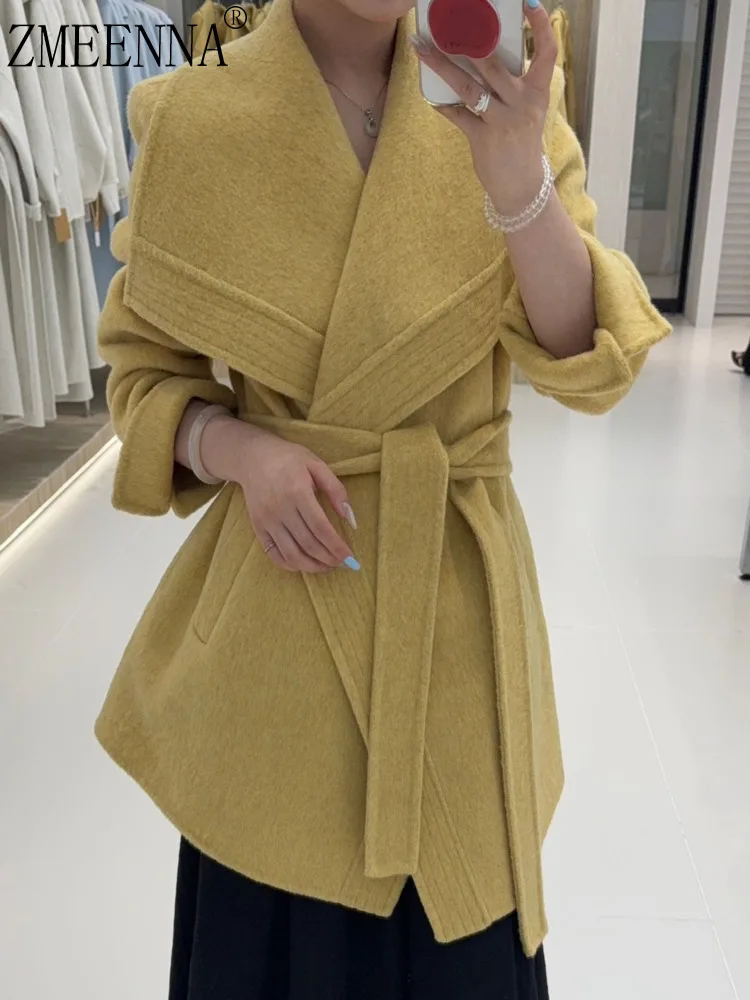 

ZMEENNA Womens Short Wool Blend Wrap Coat With Wide Lapel And Belt Tie Asymmetrical Hem Stylish Outerwear Casual ZM3554