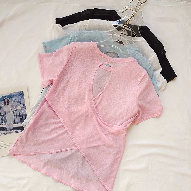 Love Can't Help but Do Pink Back Hollow out Casual Loose Back Covering Shirt Women's Sports Slimming Short Sleeve T-Shirt