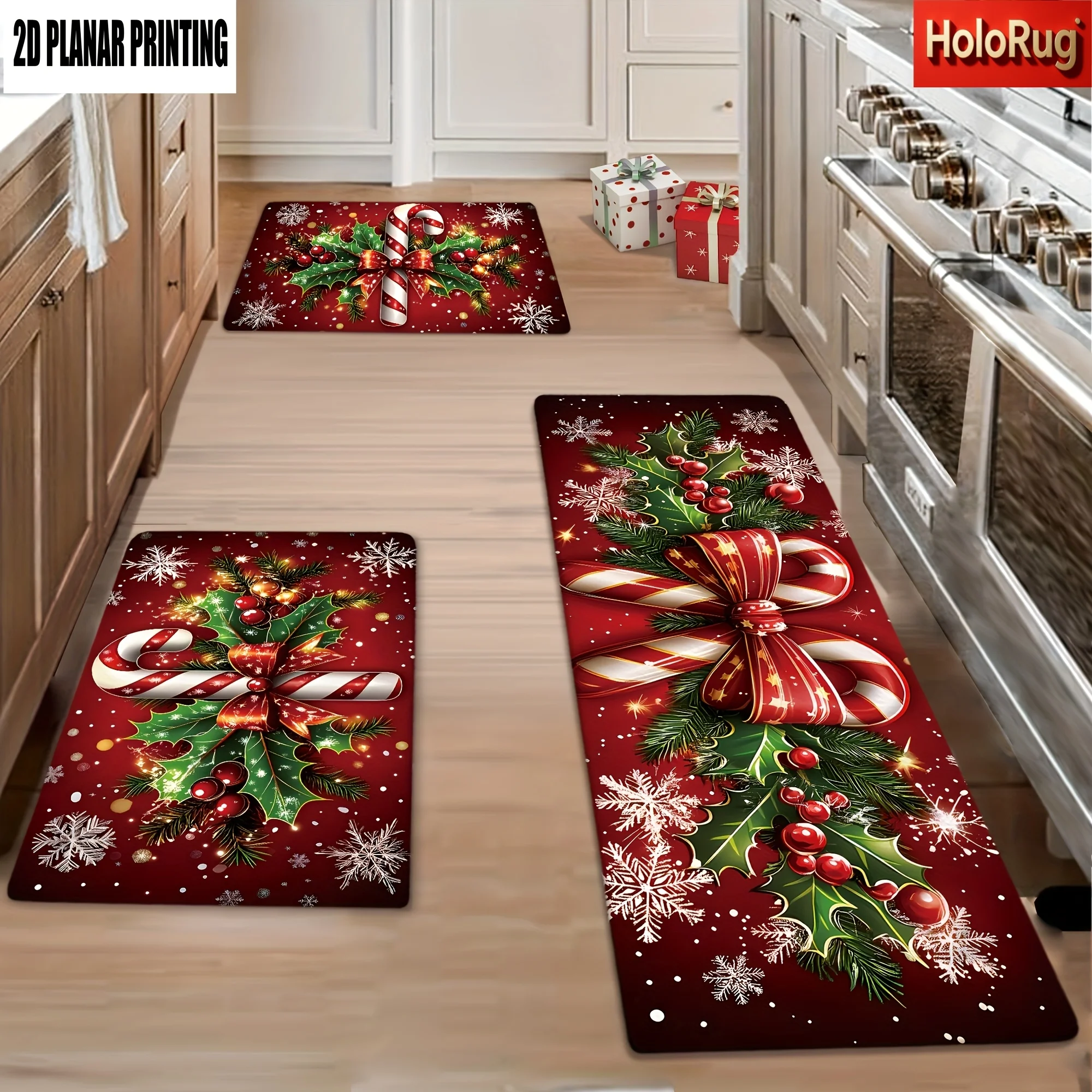 Christmas Kitchen Rugs Set Snowman Santa Xmas Print Non Slip Mat 1/2/3Pcs Options Washable Holiday Home Floor Decor