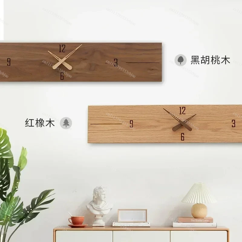Solid wood rectangular wall clock Nordic minimalist modern horizontal silent clock living room bedroom decoration clock E0G3M9