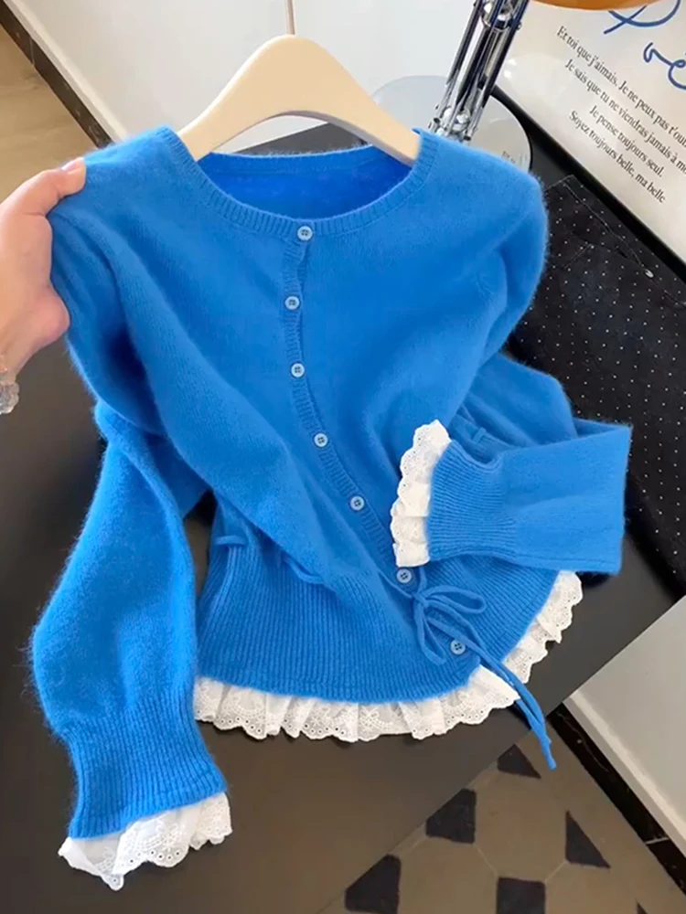 

Свободный вязаный кардиган с синим кружевным воротником для женщин, весна-осень, новинка, на пуговицах, с круглым вырезом, вязаная кофта