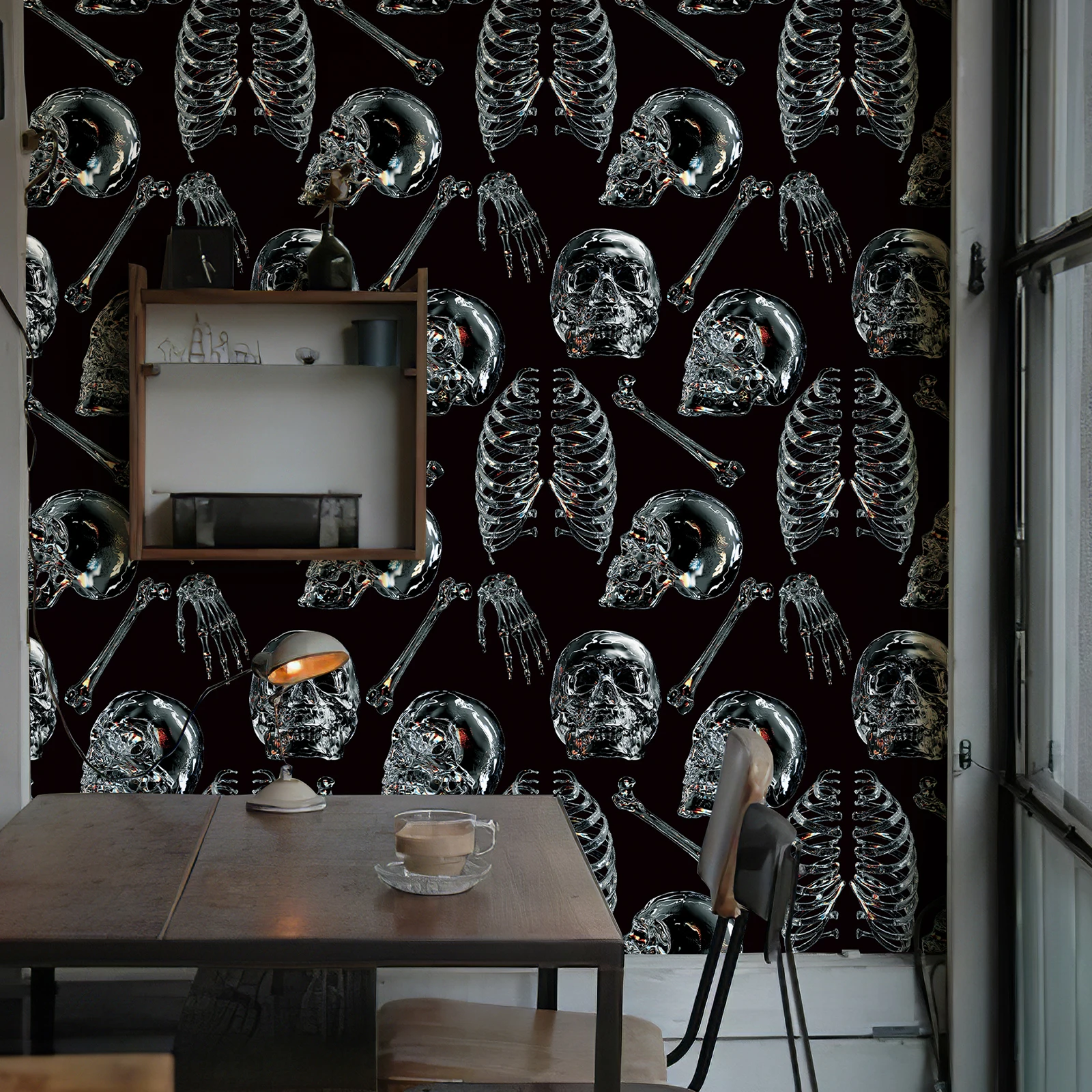 Dark Colored Glass Skull Wallpaper Chic Black Transparent Skeleton Wall Contact Paper Halloween Festival Self Adhesive Wallpaper