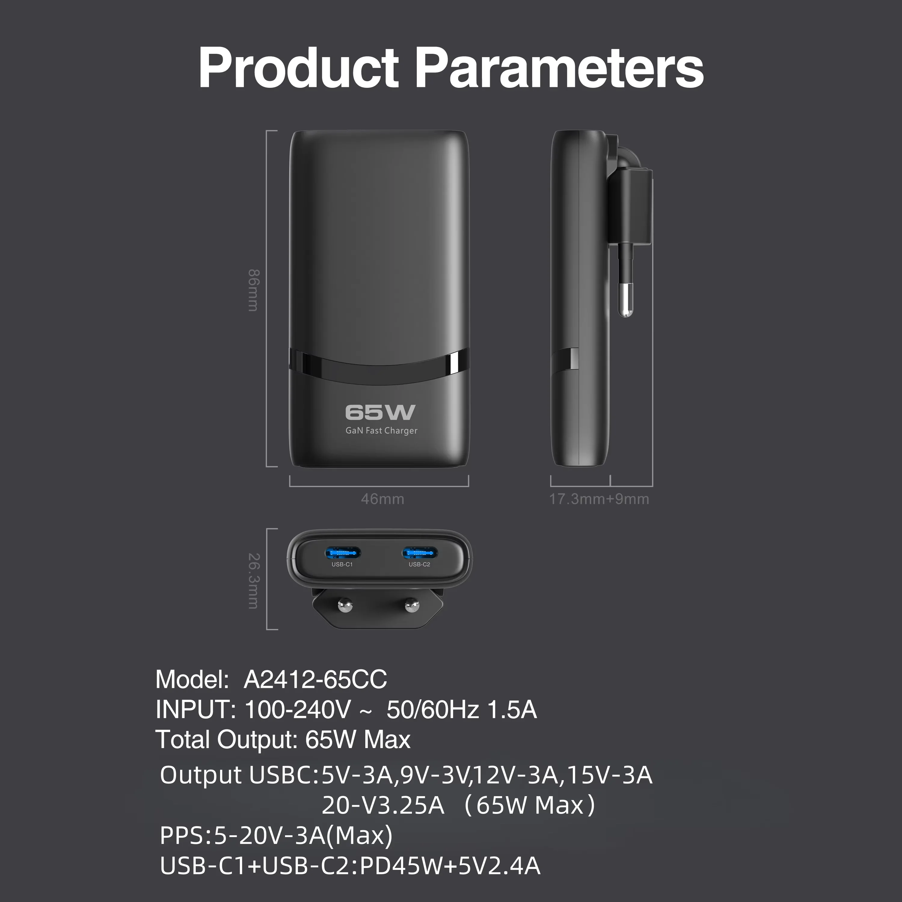 65W GaN USB C Charger 2-port Flat USB C Wall Charger With USB C Fast Charging Ultra-thin Foldable Plug Suitable For Mobile Phone