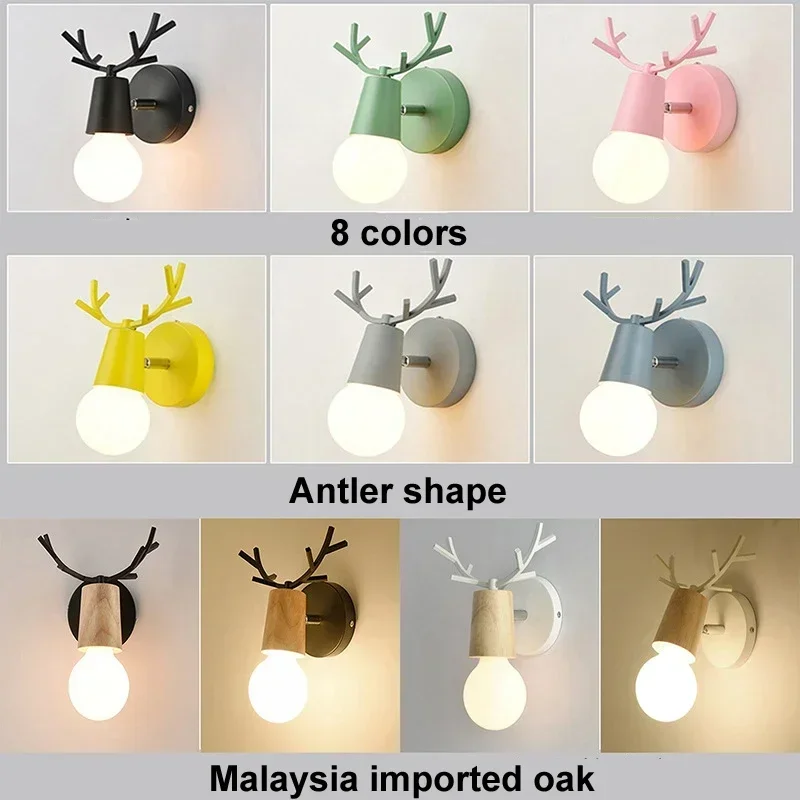 Nordic Antlers Wooden Wall Lamp Kidsroom Aisle Home Christams Lighting Decoration Angle Adjustable Macaron Small Wall Scones