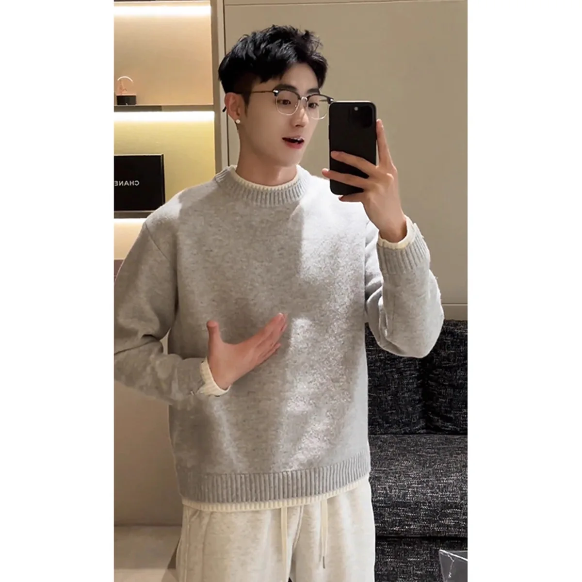 Autumn Winter Fake Two-Piece Henley Neck Sweater Men's Loose Solid Casual Knit Top
