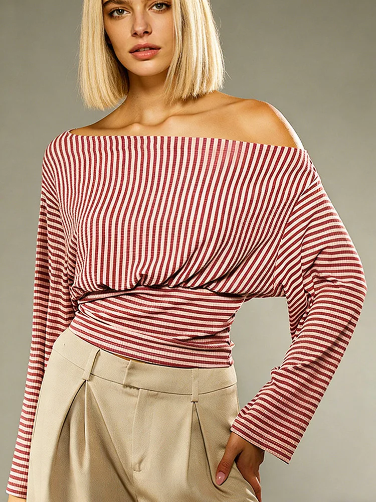 

New Fashion Sexy Slash Neck Off Shoulder Striped Women Blouse Office Lady Elegant Long Sleeve Women Tops Casual Loose Clothes