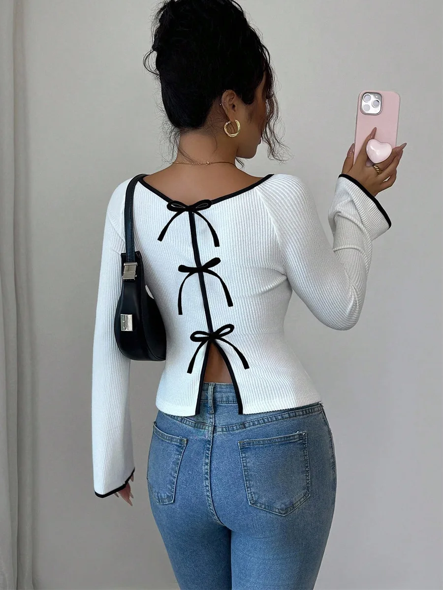 유럽 및 미국 패션 크로스보더 여성용 긴팔 티셔츠 2026 신상 해외 무역 신축성 있는 레이스업 베이스 가디건