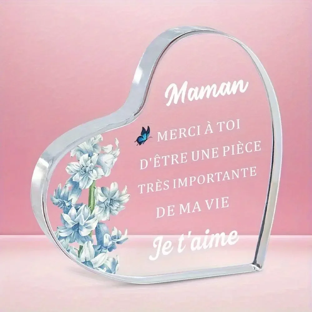 French Heart Acrylic Plaque Gift for Mom, Blue Hyacinth Butterfly French Quote Desk Decor