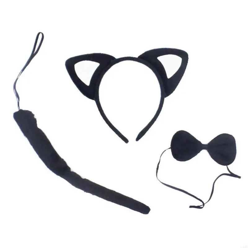 L4ME Toddler Kids 3Pcs Animal Cosplay Costume Set for Cat Ears Plush Headband with Long Tail Bow Tie Hallowee Party Outfits