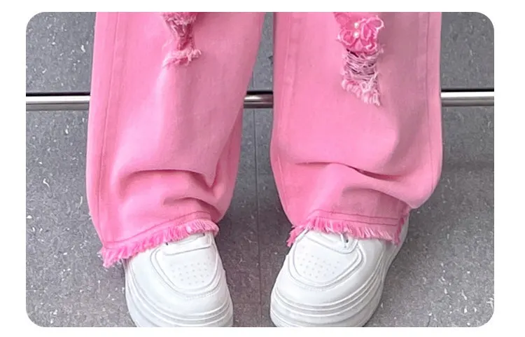 Teenager-Mädchen Hip-Hop-Streetwear-Kleidungsset mit abnehmbaren langen Ärmeln, Schmetterlings-T-Shirt, Farbverlauf- und zerrissenen Jeans, 2-teiliges Mode-Outfit – Detail 11