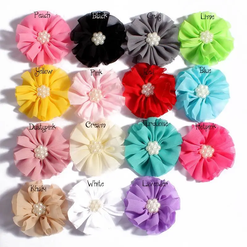 10pcs/lot 6.5cm 15colors Newborn Chiffon Flowers With Pearl For Hair Accessories Artificial Fabric Flowers For Kids Headbands