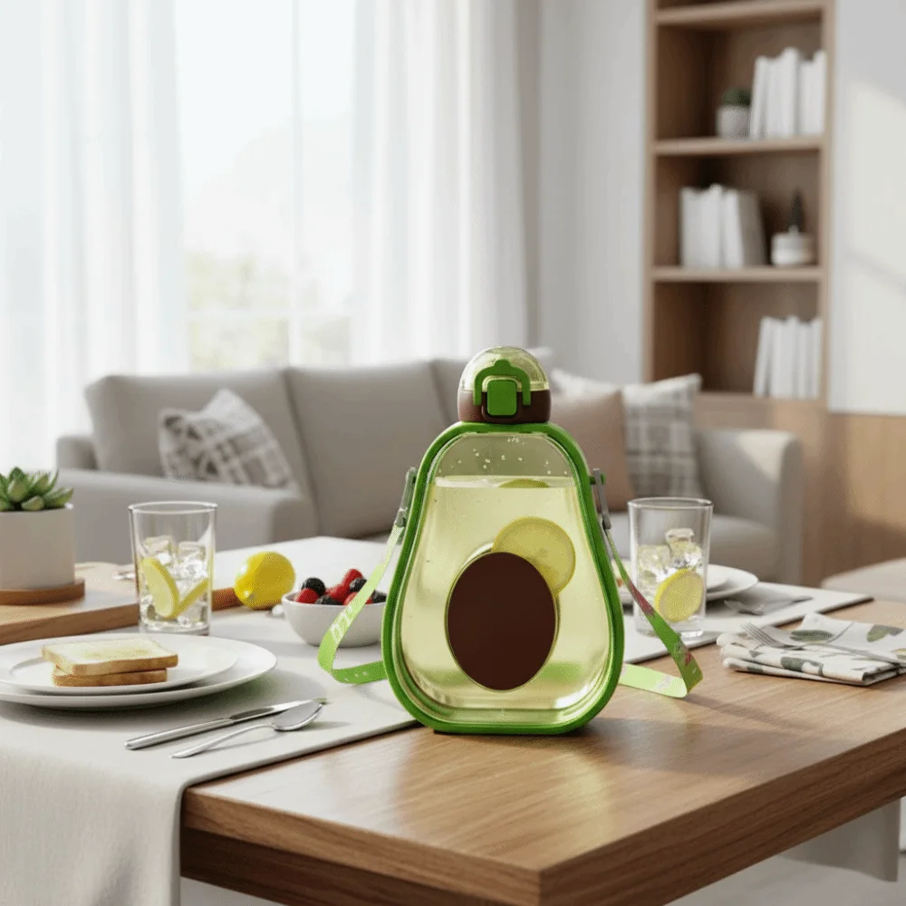 600ML Avocado Straw Water Bottle with Shoulder Strap Green Children's Sports Water Bottle Dust Lid Plastic Water Kettle Student