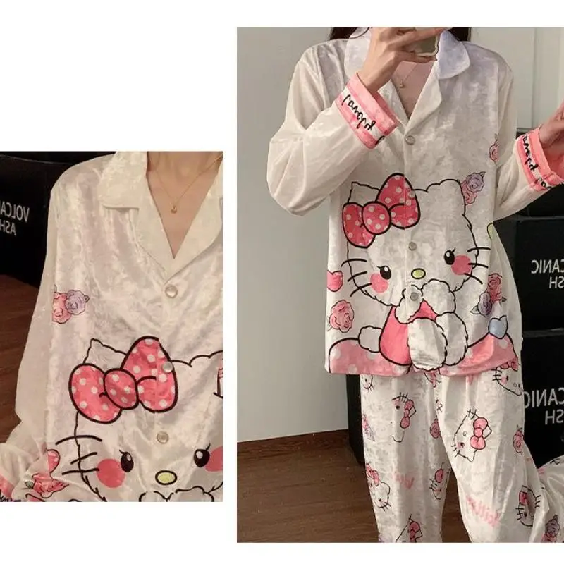 Miniso Girl Golden Velvet Flip Collar Autumn Pajama Set Kawaii Hello Kitty Comic Keep Warm Fashion Wearing Outside Leisure Wear