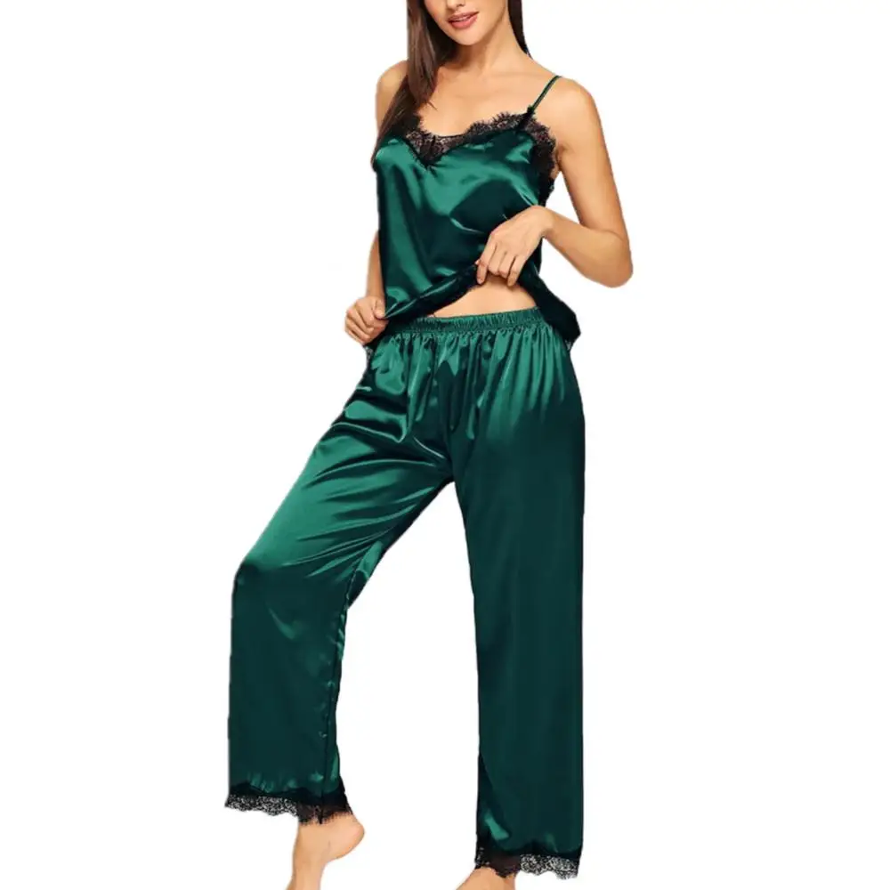 

2Pcs Women Sexy V Neck Lace Patchwork Camisole Long Pants Sleepwear Pajamas