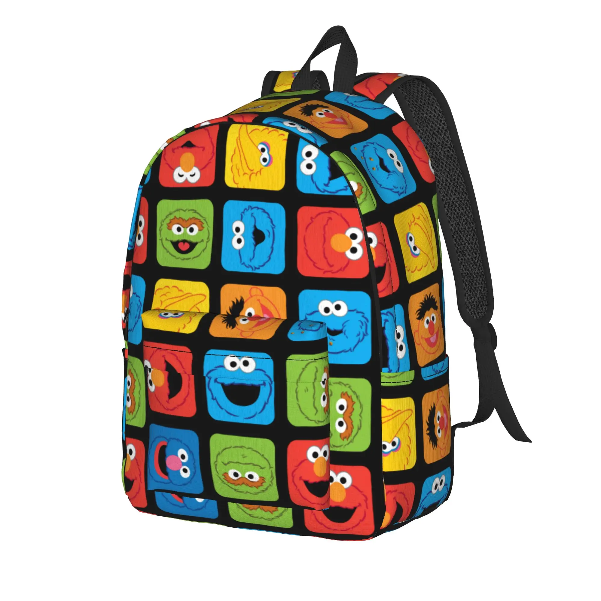 Sesames Streets Casual Backpack Durable High School Hiking Travel Cubed Faces Pattern Daypack for Men Women College Canvas Bags