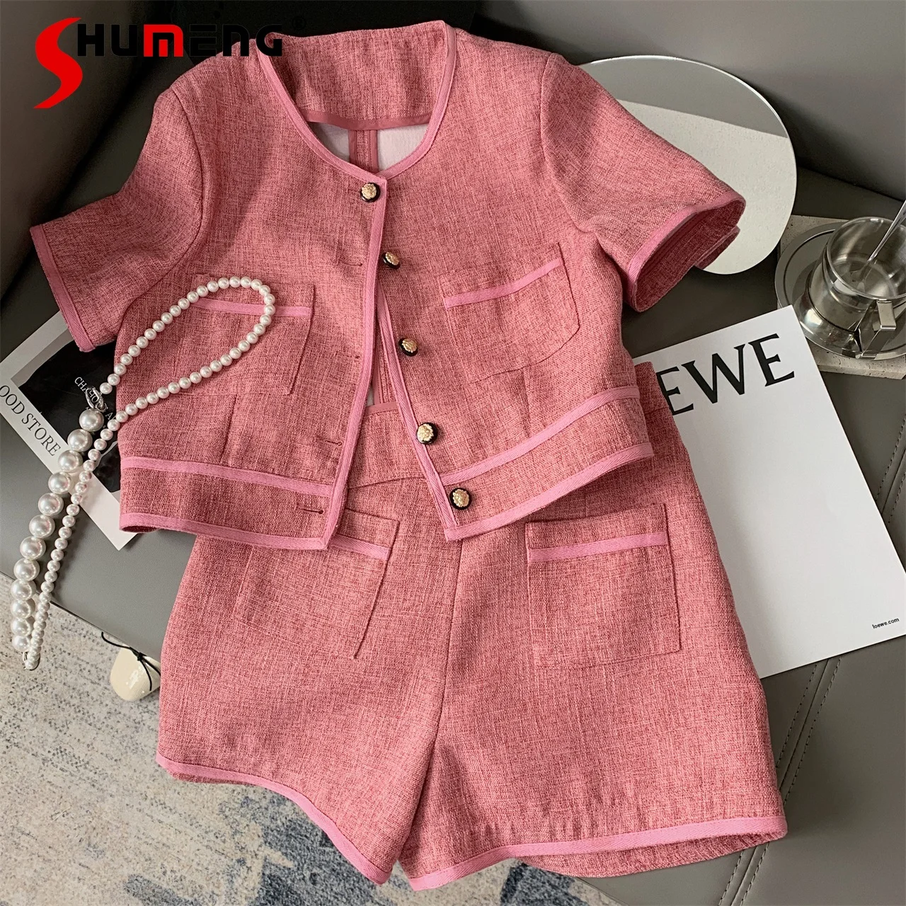 

2021 Summer New Retro Contrast Color Short Sleeve Jacket High Waist Shorts Fashion Two-Piece Suit Women