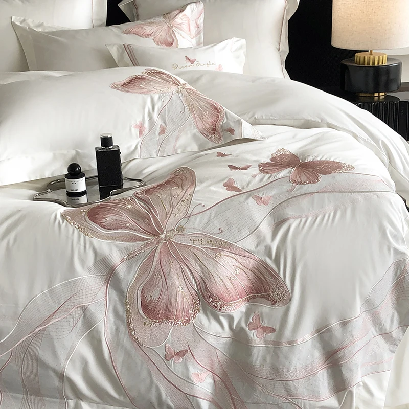 1000TC Egyptian Cotton White Luxury Bedding Set Chic Butterfly Embroidery Queen King Size Duvet Cover Set Bed Sheet Pillowcases