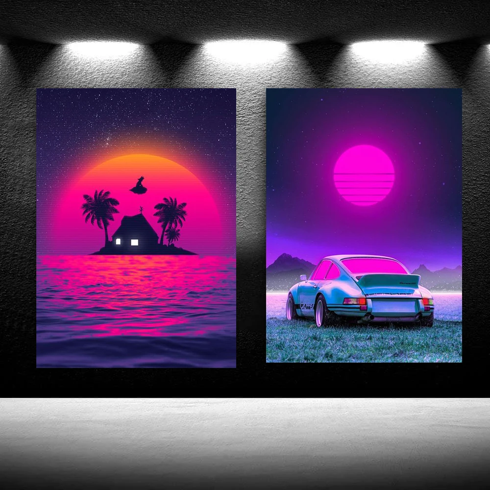 80s City Night CAR HOUSE SUNSET Wall Art 80s Outrun Vaporwave Style Poster Painting Decoration Kawaii Room Decor Canvas Poster