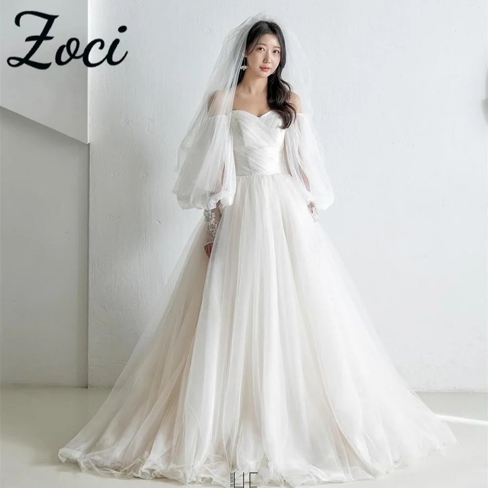 Zoci Princess Sweetheart Korea Evening Dress Soft Tulle Long Puff Sleeve Wedding Dress Customized Korea Photo Shoot Bridal Gown