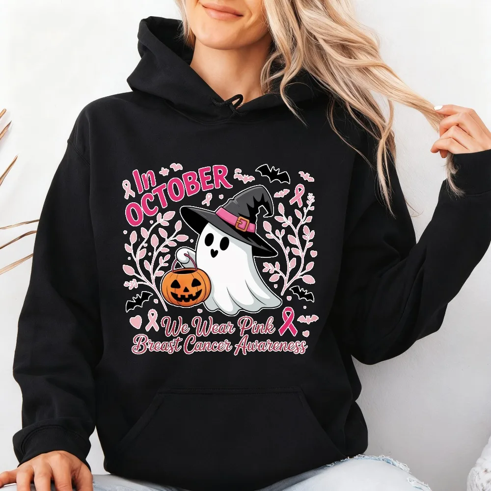 Retro Pink Ribbon Breast Cancer Awareness Sweatshirt October Support Unisex Long Sleeve Hoodies Halloween Ghost Pumpkin Pullover
