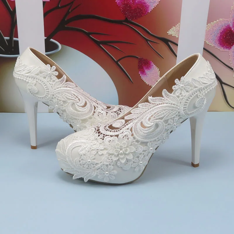 White High Heel Flower Wedding shoes Bride Ladies high platform shoes woman Fashion Round Toe Party Dress shoes Shallow shoe image 2