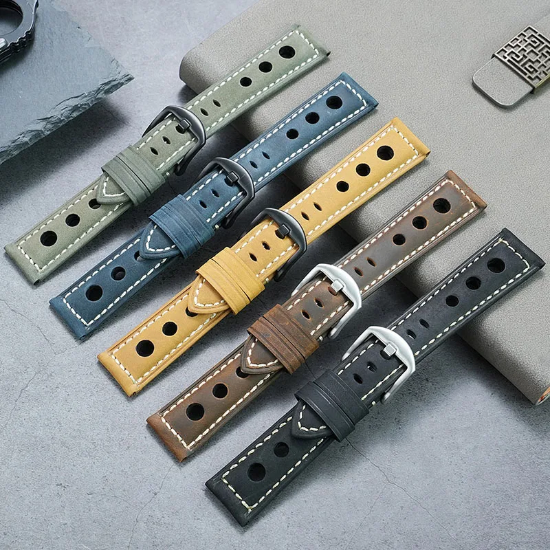 For Panerai Breitling Super Ocean Avenger Yellow Wolf Blackbird Retro Porous Breathable Leather Watch Strap Men 20mm 22mm 24mm view 3