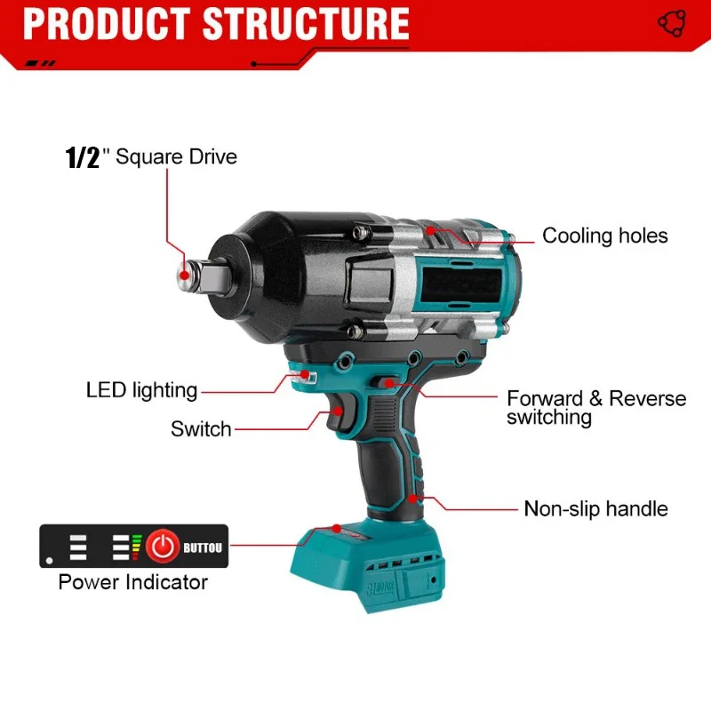 Imagem -03 - Brushless Electric Impact Wrench Super Power Chave de Fenda Chave sem Fio Ferramentas Elétricas para Makita 18v Bateria 3100 nm High Torque