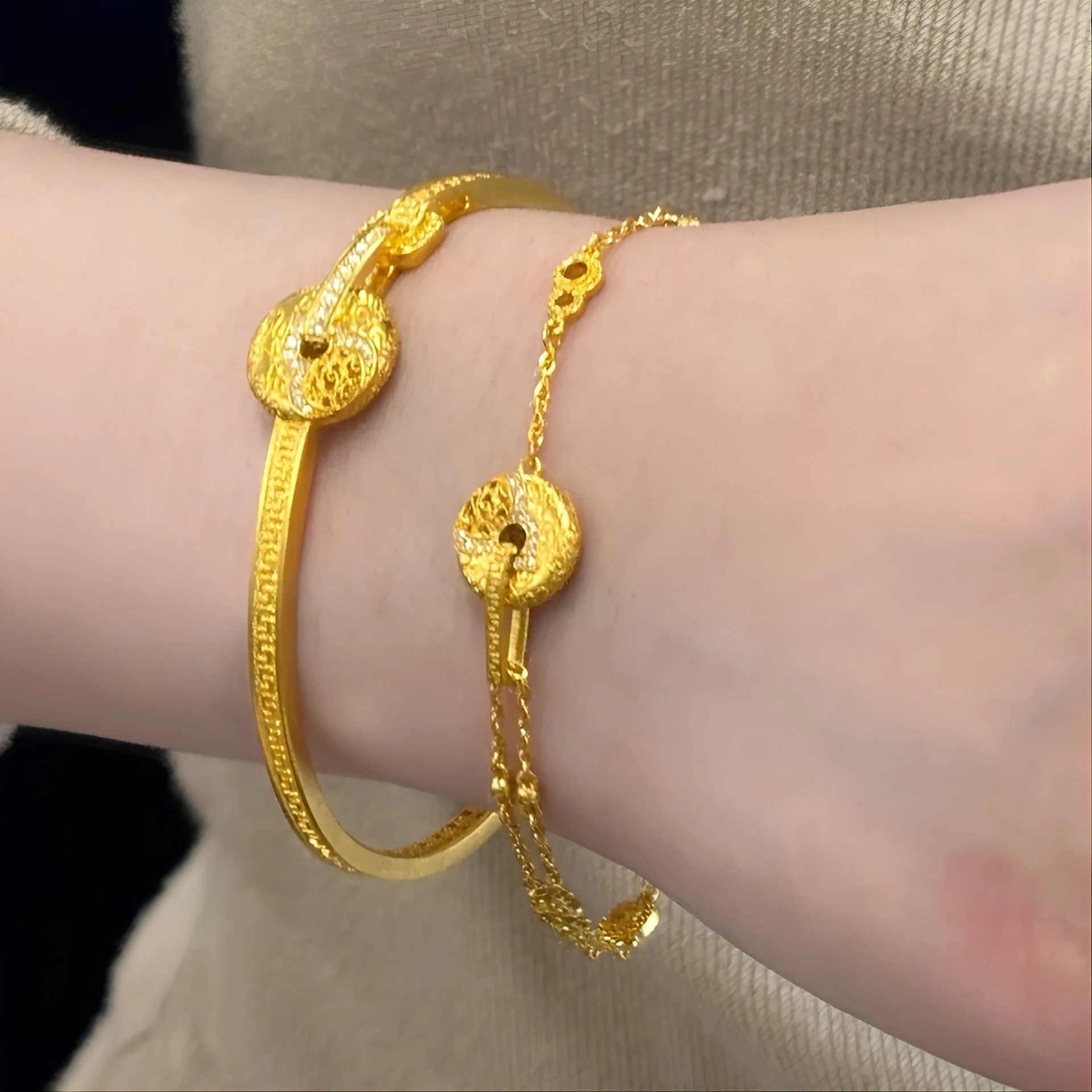 Luxury 9999 24K real gold national fortune inheritance gourd peace buckle bracelet women's necklace bracelet earrings