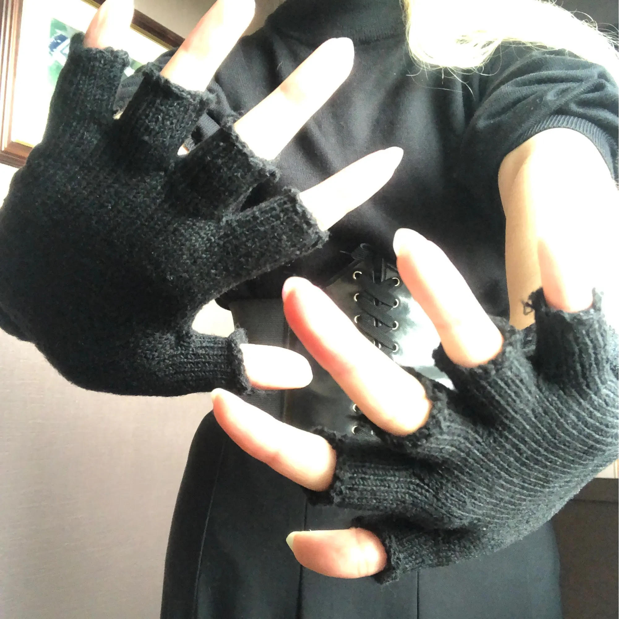 Noir hiver chaud pur noir tricoté laine demi doigt gants chauds