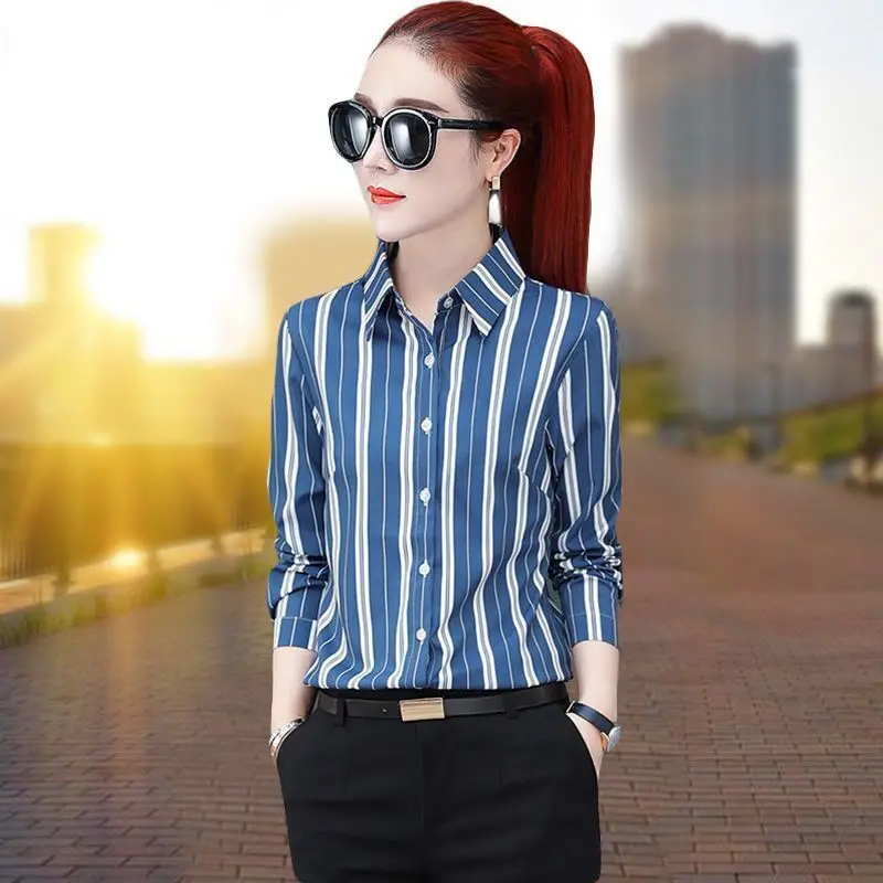 Fashion Printed Button Striped Elegant Shirts Women\'s Clothing 2023 Autumn Winter Loose All-match Tops Office Lady Blouses