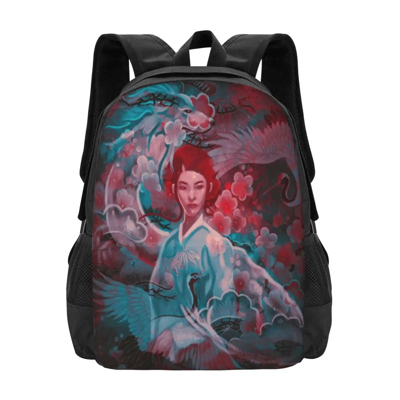 

Girl And The Dragon Pattern Design Bag Student'S Backpack Geisha Painting Beautiful Geisha Asian Dragon Dragon Painting