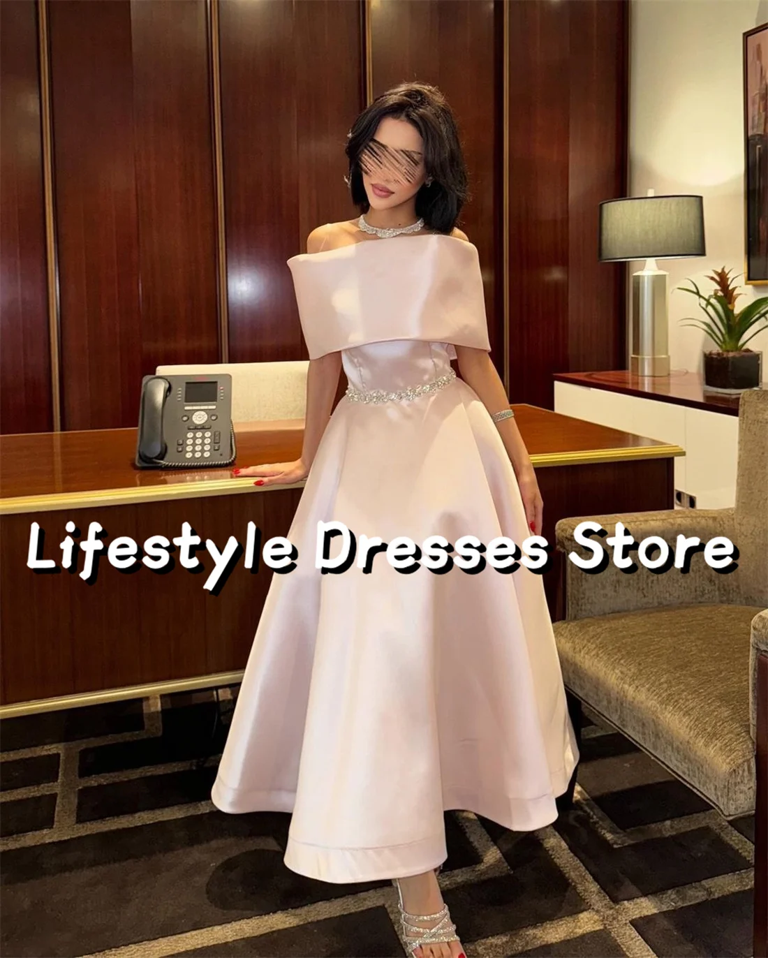 

Off Shoulder Satin Crystal Prom Dresses A-Line Beads Evening Dresses 2024 Midi Dress Party Gown vestidos para eventos especiales