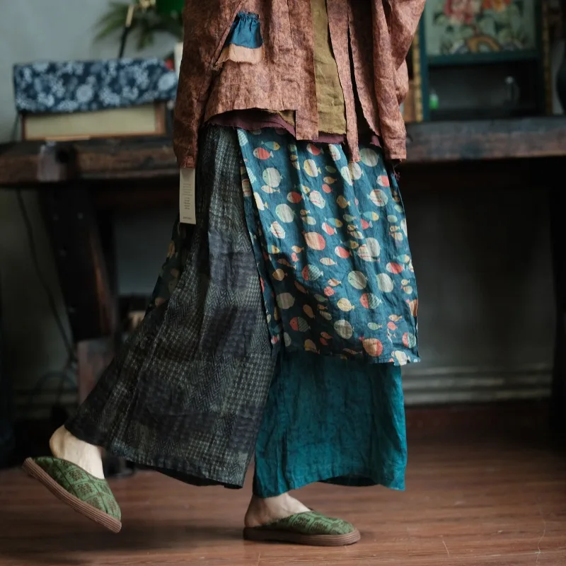 Women Wide Leg Retro Pants Ethnic Style Patchwork Straight Pants 2026 Spring Printed Floral Elastic Waist  Ramie Trousers Skirts