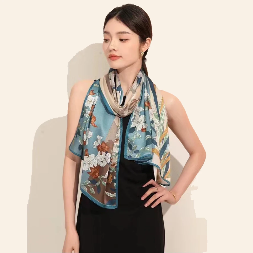 New Blue Women\'s 100% Mulberry Silk Scarf Shawl 175*52cm Brand Fashion Floral Design Long Scarves Wraps Fall Winter Headscarves