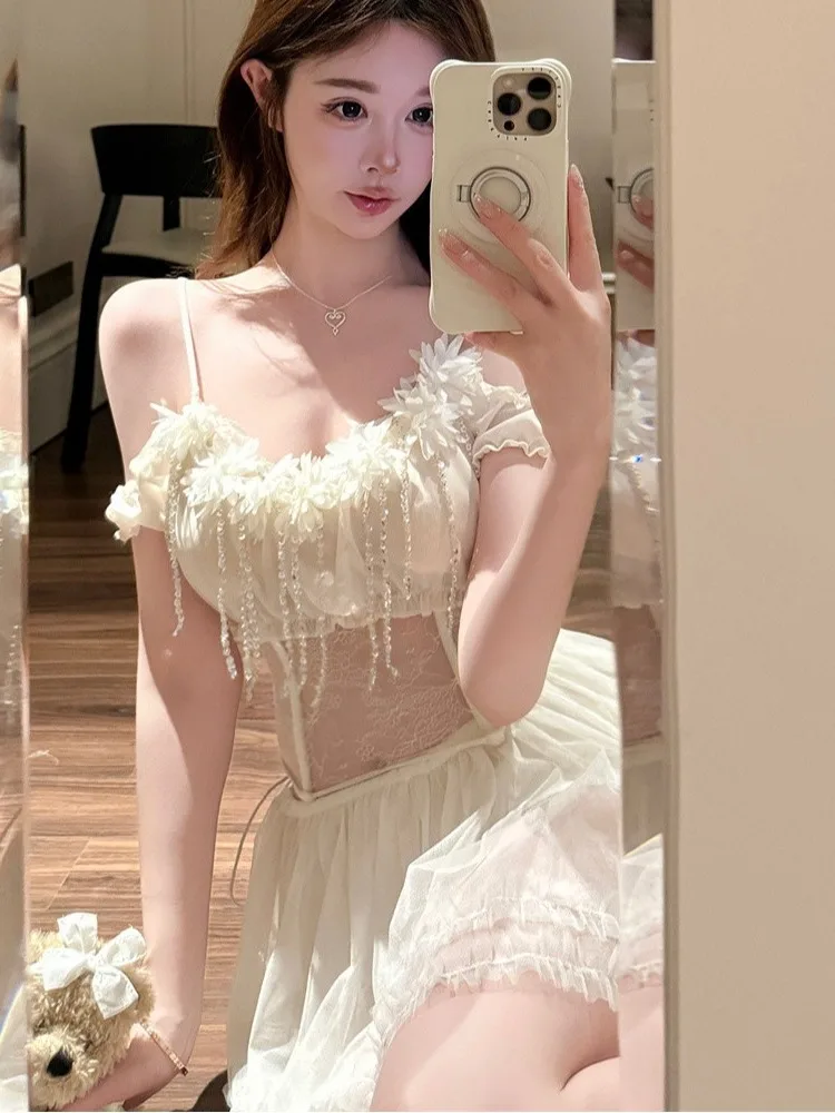 Romantic Heavy Work Floral Strap Vest Two Piece Set Women Summer Asymmetrical Train Puffy Cake Skirt Ensemble Chic Style