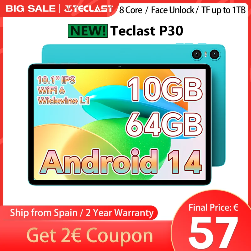 Teclast P30 Android 14 tablet, 8 cores Allwinner A523, 10GB RAM(4GB + 6GB expansion), 64GB ROM (support TF 1TB), 10,1 inch 1280x800, 5MP + 2MP, 6000mAh, Type C, BT 5.4, Wi-Fi 6, Mali G57, Face Unlock