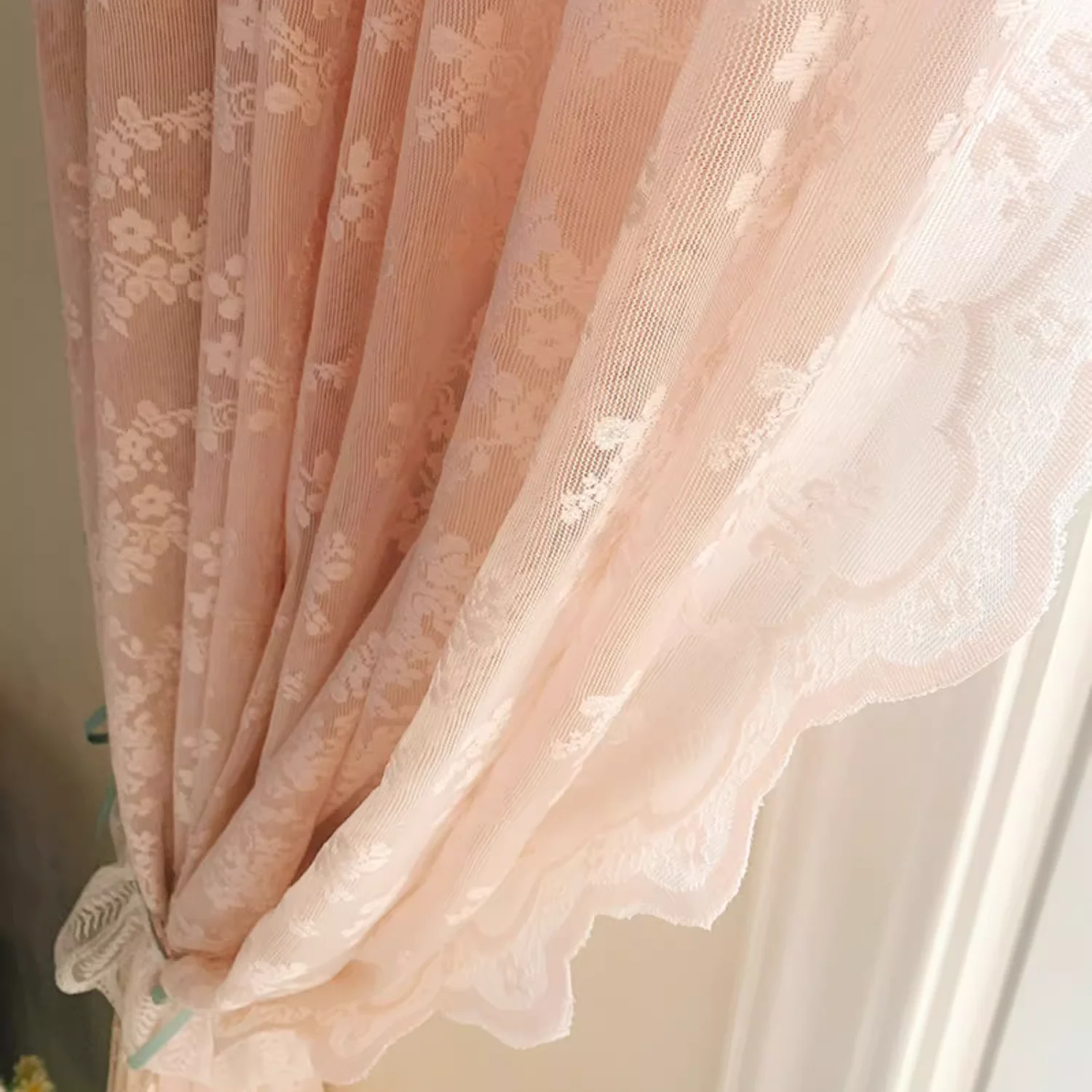 2PCS French Rustic Lace Pink Sheer Curtain For Luxurious Living Room, Princess Room, Balcony Drapes,Home Window Curtains
